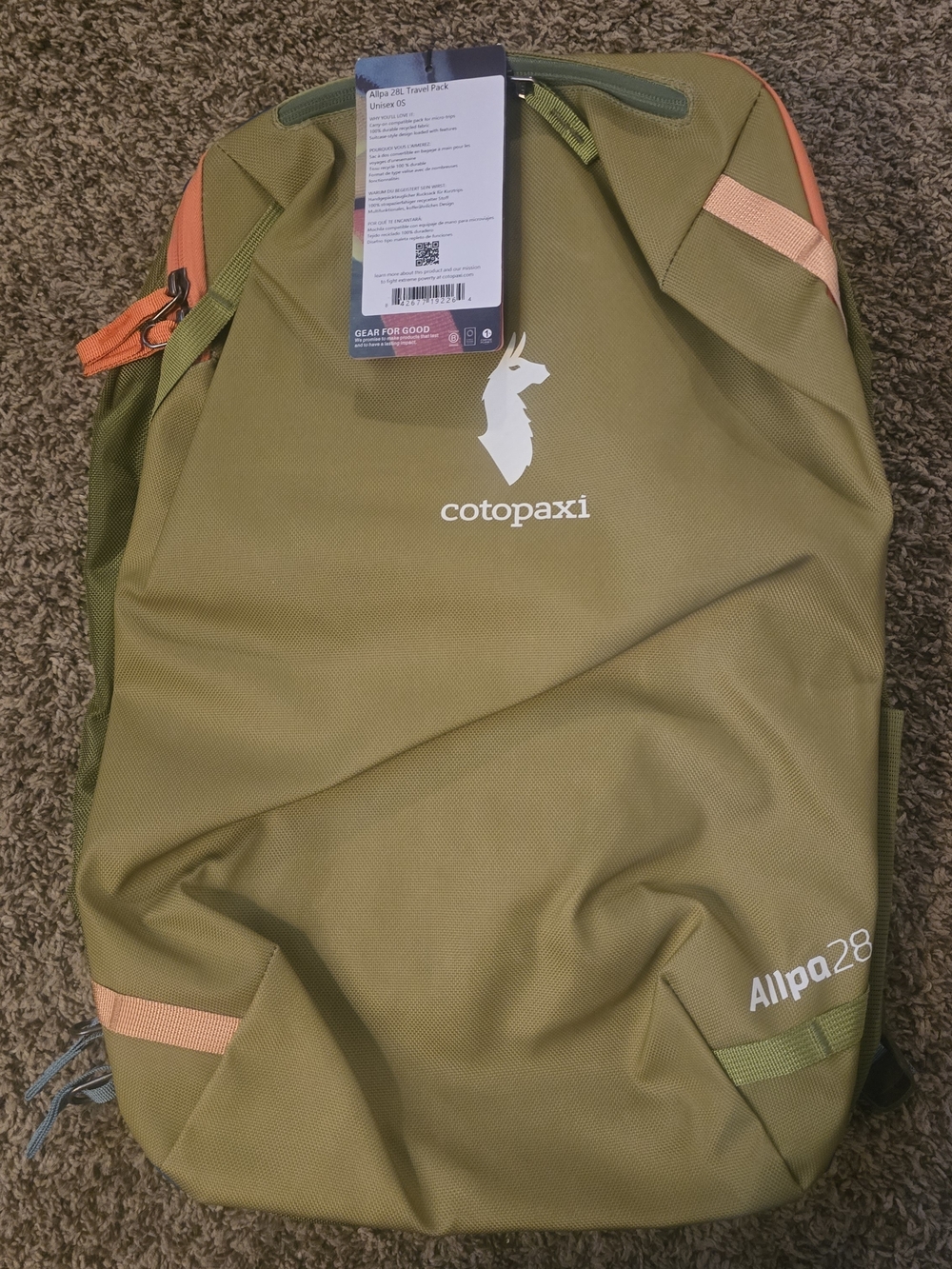 cotopaxi Allpa 28 Travel Backpack Olive Green with Peach Accents